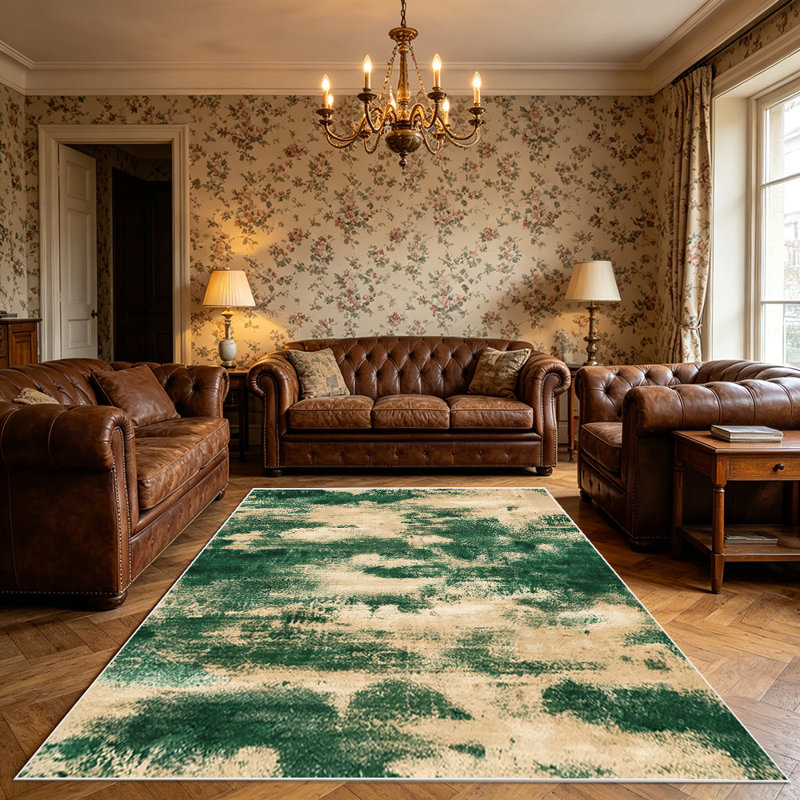 1PC vintage abstract distressed green and beige brush stroke area rugs for Living Room, Soft, All seasons, Easy-maintain, Washable Indoor mat, Farmhouse suitable for for dining room, bedroom, home office...