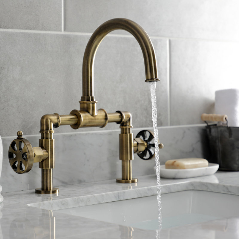 Kingston Brass Belknap Two-Handle 2-Hole Deck Mount Bridge Bathroom Faucet with Pop-Up Drain, Antique Brass
