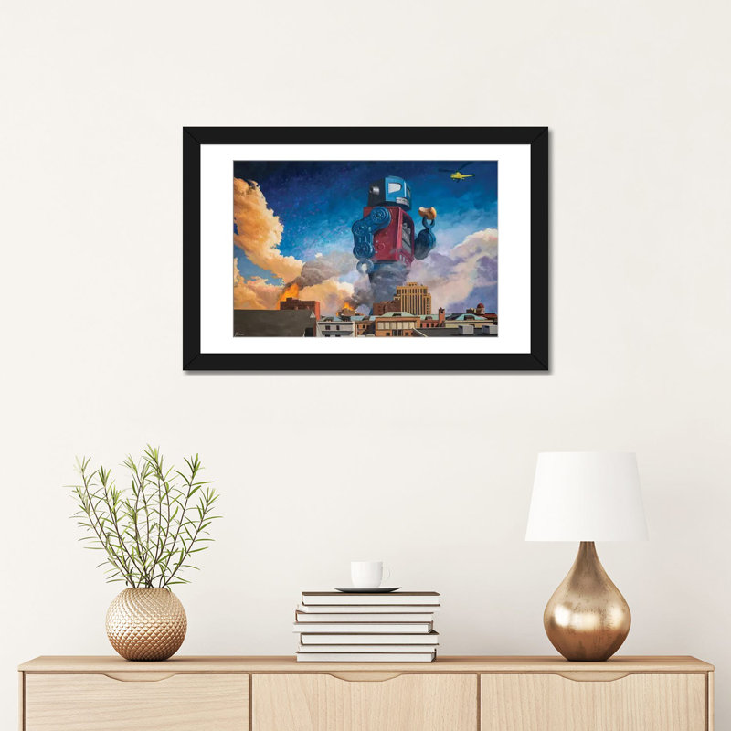 Lunchtime Robot Blue and Red Canvas Print with Black Frame