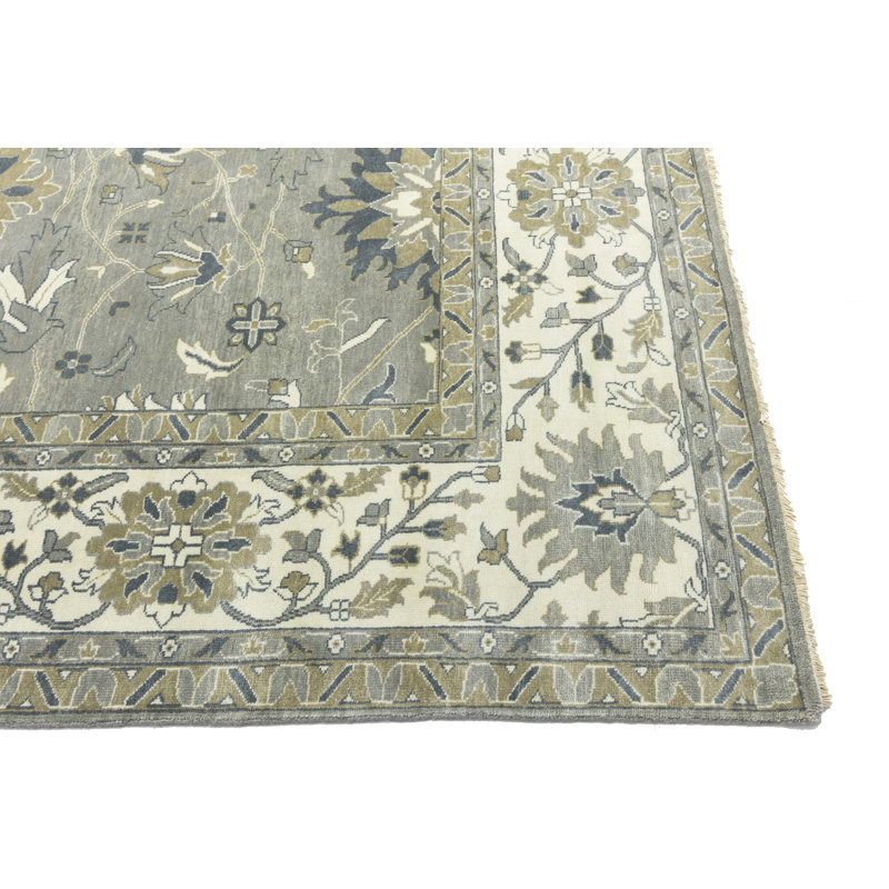 Floral Handmade Hand-Knotted Rectangle 11'10" x 14'10" Wool Area Rug in Cream