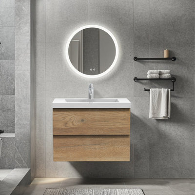 Meuble-lavabo mural flottant 30 po en chêne naturel avec surface de comptoir blanche