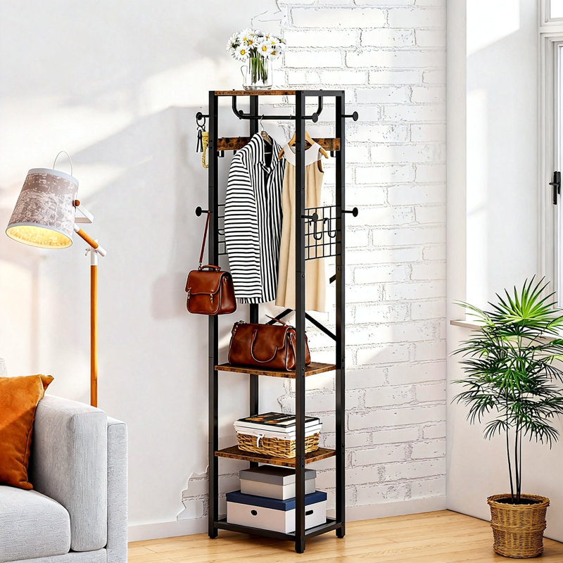 Portemanteau avec tablettes, portemanteau autoportant, portemanteau avec 16 crochets et rail suspendu, portemanteau industriel pour vestibule, couloir, chambre à coucher (brun rustique)