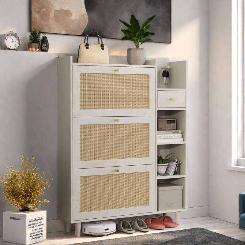 Bohemia Style Shoe Cabinet With 3 Rattan Flip Drawers, 3 Square Shelves And 1 Storage Drawer And Key Hooks, Antique White