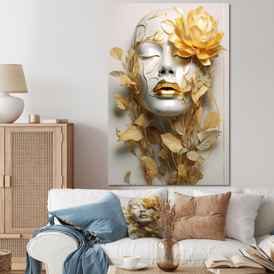 White and gold woman portrait with leaves II - Fashion Woman Canvas Print