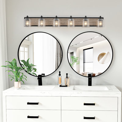 49" Farmhouse Vanity Light Fixture, 6-Light Bathroom Wall Sconce with Clear Seeded Glass Shades, Black and Wood Grain Finish, Modern Industrial Design for Bathroom or Powder Room (No Bulbs)