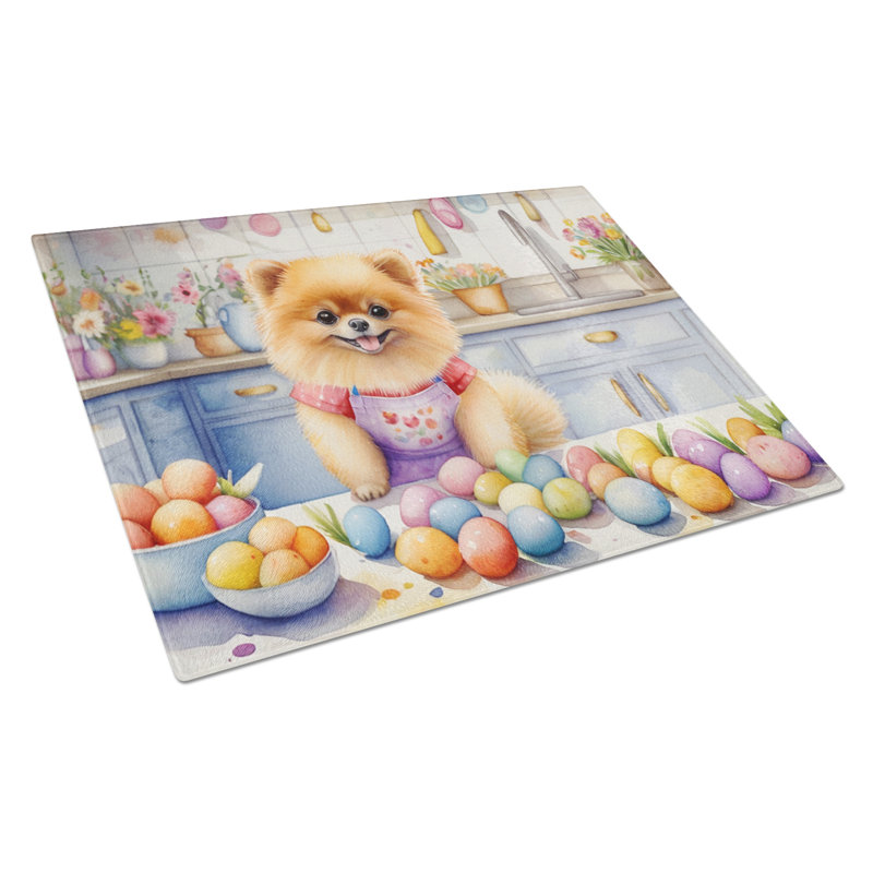 Decorating Easter Pomeranian Glass Cutting Board