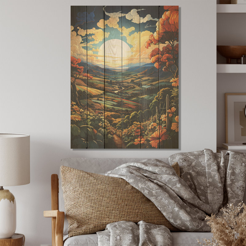 «Vineyard Kawaii Landscape - Vineyard», art mural sur bois de pin naturel, H 32 po x l 24 po