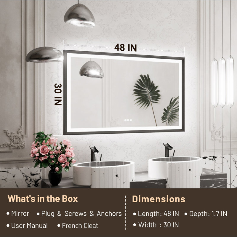 Miroir de salle de bain à DEL New Rockford, 48 po x 30 po, Noir, Rectangulaire