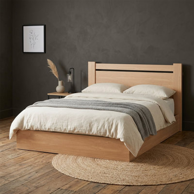 Modern Wood Platform Bed with Horizontal Headboard and Lift Storage, King, Natural Wood