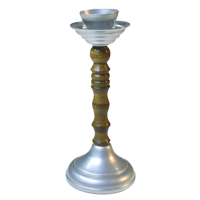 9'' H Tabletop Candlestick, Silver/Brown, 3.5" H x 3.7" W x 3.7" D
