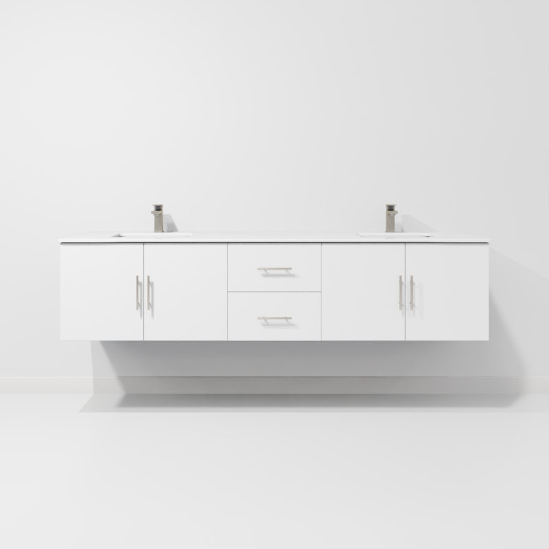 Geneva 80" Wall-Mounted Double Bathroom Vanity Set, Glossy White, White Cultured Marble