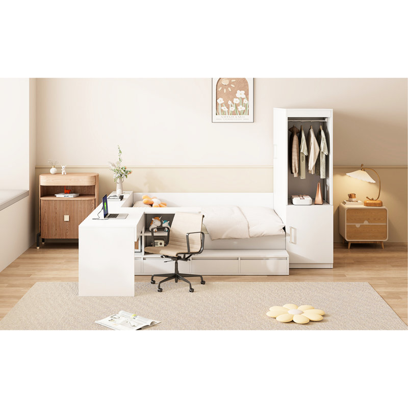 Lit plateforme double en bois avec 6 tiroirs, tablettes, bureau et garde-robe, blanc, Blanc