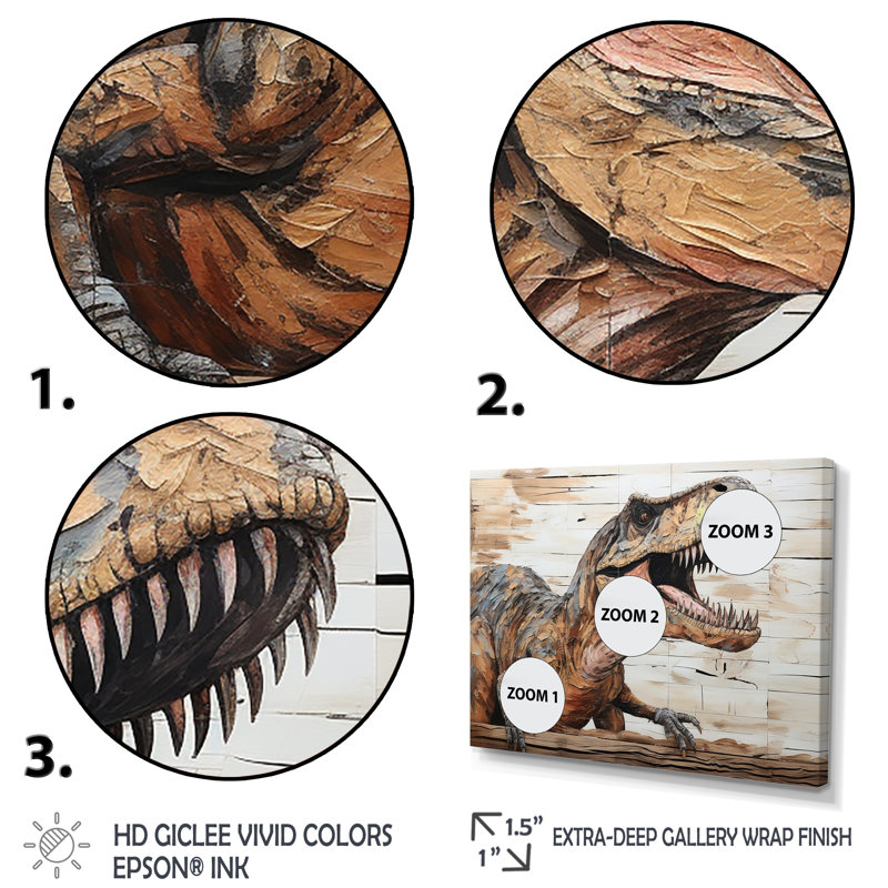 «Dinosaur Canyon I» brun - art de mur de dinosaure, H 30 po x l 40 po x P 1,5 po, Cadre de coin fermé argenté