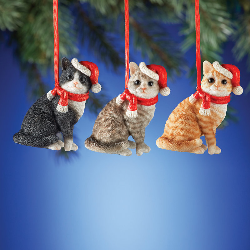 Gray Tabby Cat Resin Christmas Ornament with Santa Hat