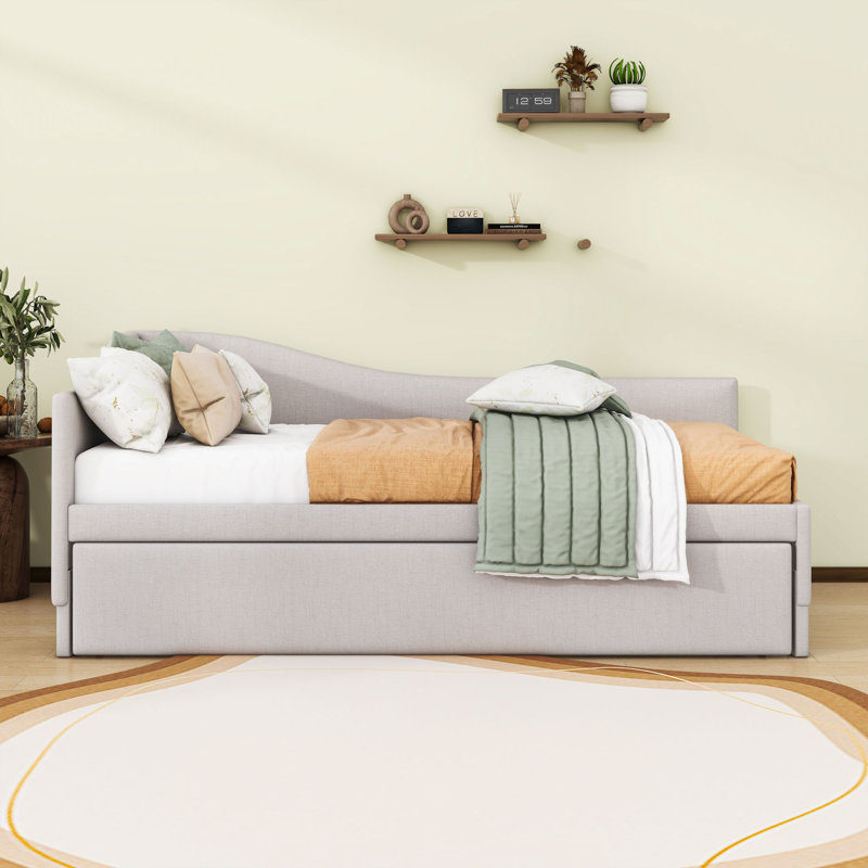 Twin Upholstered Daybed with Backrest and Twin Pop Up Trundle, Beige