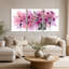 Fleurs mauves dans un vase en verre avec gouttes d'encre rose, ensemble de 3 toiles-648718529