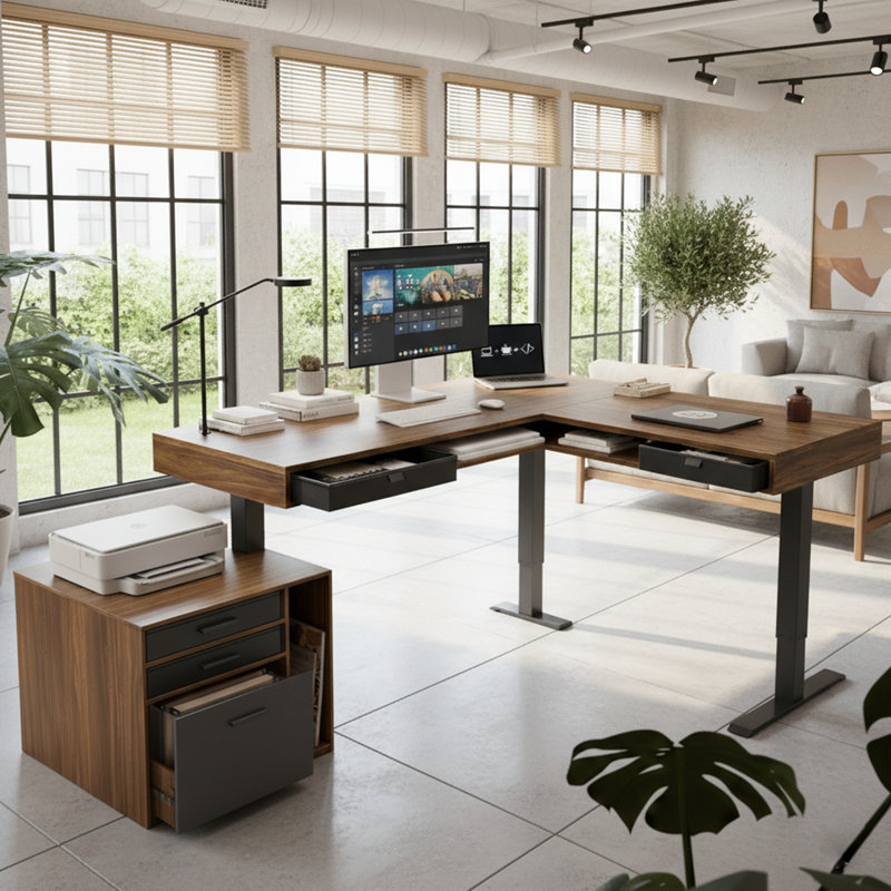 Bureau debout électrique en L de 63 po x 55 po avec 2 tiroirs sous le bureau, un rangement ouvert et un classeur latéral, un bureau d'angle à hauteur ajustable avec un multiprise et une gestion des câbles