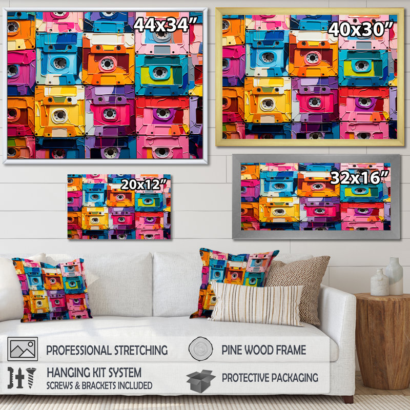 Pop Art Cassette Tapes Melodic Flow - Cassette Tapes Wall Art, Cadre d'angle fermé noir, H 34 po x l 44 po x P 1,5 po