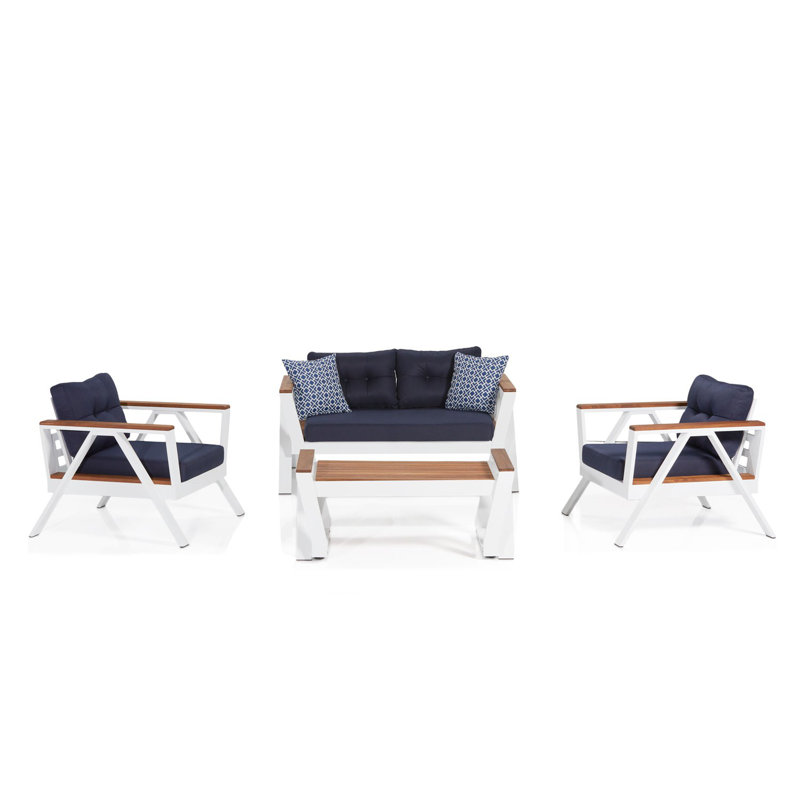 Ensemble de conversation avec coussins 4 pièces, Bleu foncé, Blanc