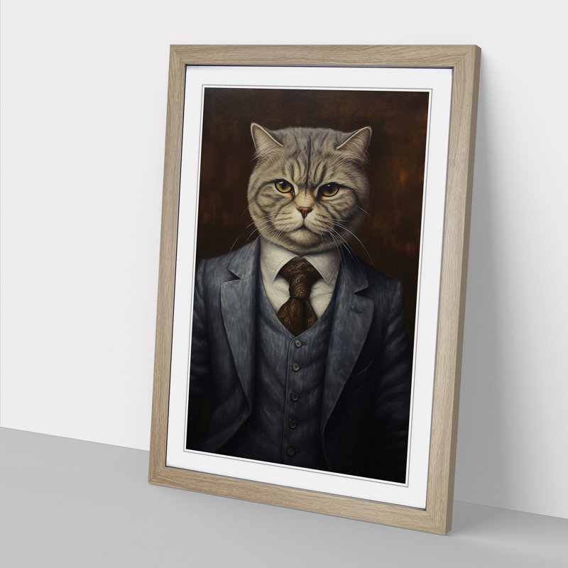 Cat In A Suit Painting No.2 - Single Picture Frame Print on Wood, 64cm H x 46cm W x 2cm D, Oak Framed