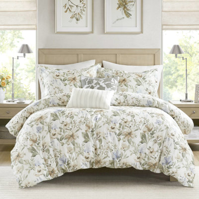 5pcs King/ King Cotton Print Duvet Featuring A Lively Floral Print, 300tc For Luxurious And Feel, 300gsm Overfilled Fluffy Comfortable Look, Great Coverage Snuggling, Bartack Design, Coordinated