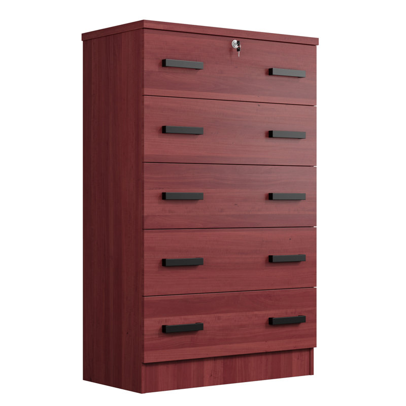 Basurto 5 Drawer Chest Wooden Dresser with Lock, Mahogany