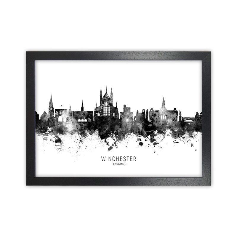 Winchester England Skyline Black White City Name by Michael Tompsett - Print, 25cm H x 34cm W x 3cm D, Black Framed