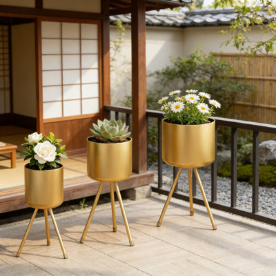 Mid-Century Modern Metal Planter With Stand - Stylish Floor-Standing Decorative Flower Pot For Indoor And Outdoor Plants