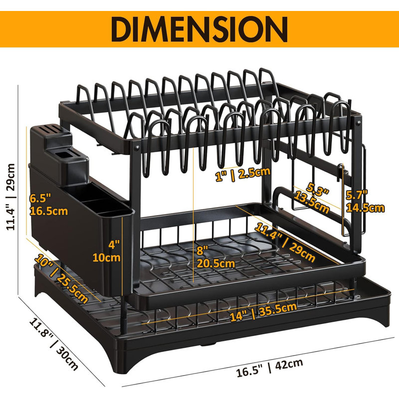 Black Metal 2-Tier Dish Drying Rack with Utensil Cup