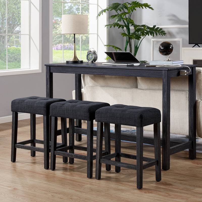 Ensemble de table de bar transitionnelle à 3 tablettes de 59 po de largeur avec tabourets capitonnés et ports USB Teneile