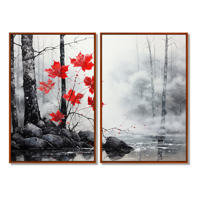 Minimaliste, forêt rouge monochrome II - grande forêt, art mural 2 panneaux