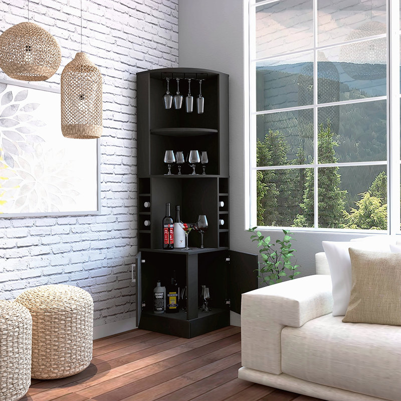 Armoire de bar d'angle, support en verre, armoire à double porte, huit supports à vin intégrés, Noir