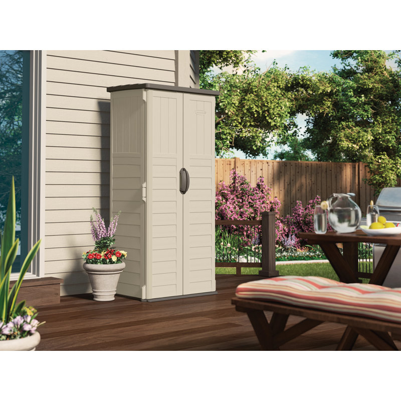 Suncast Outdoor 32.25 in. W x 24.75 in. D x 72 in. H Resin Vertical Tool Shed, Vanilla