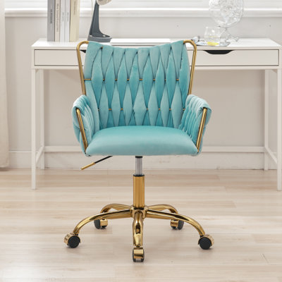 Velvet Desk Chair with Wheels, Modern Woven Armchair with Gold Metal Legs & Armrest, Cute Vanity Makeup Chair for Teen Girls, Living Room
