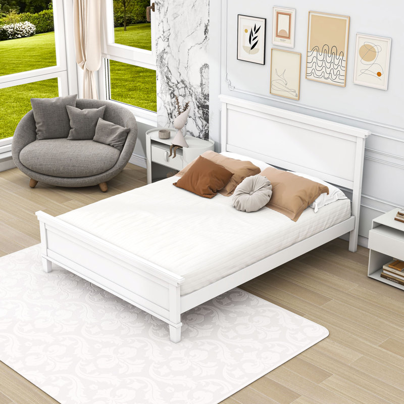 Lit plateforme en bois avec tête de lit à panneau, Blanc, Grand lit