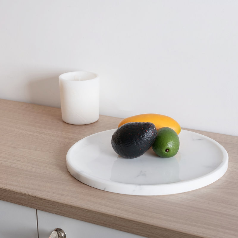 Guein 12” Round Natural Marble Tray, Statuario
