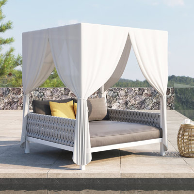 White Aluminum & Gray Woven Rope 2-Person Outdoor Patio Daybed With Canopy Curtains by Hokku Designs