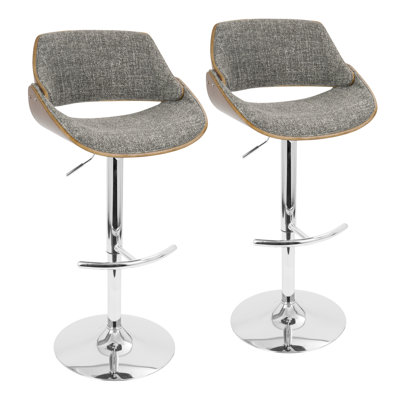 Ensemble de 2 tabourets de bar réglables de style Mid-Century avec pivot en chrome, noyer et tissu gris bruit
