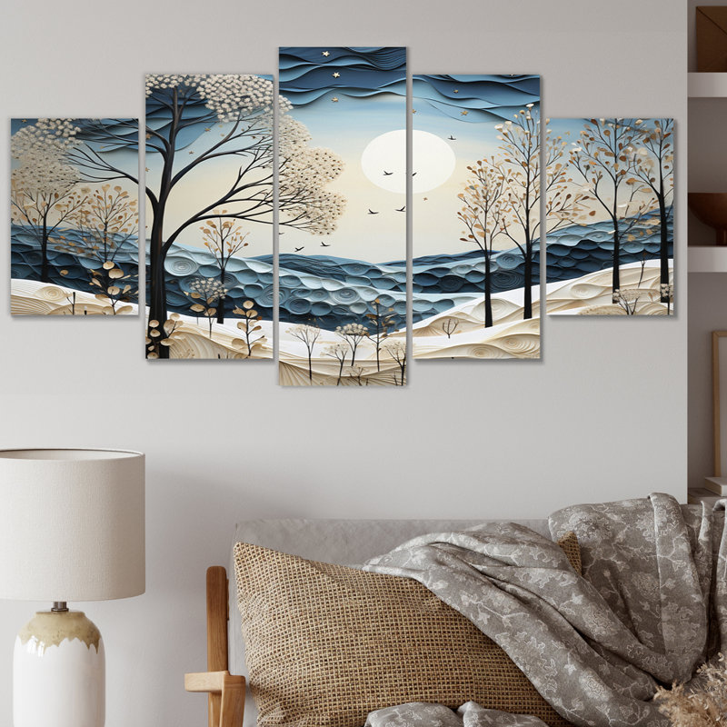 Bleu blanc moderne scandinave Winter Pointillism III - décoration murale moderne-scandinave - 5 panneaux