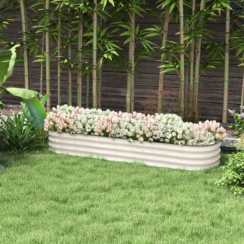 Ensemble de jardin surélevé galvanisé - pot à fleurs surélevé en métal pour l'extérieur 4,9 pi x 2 pi 1 po avec bordure pour la croissance des fleurs, lit en acier crème de 1 pi, culture de plantes