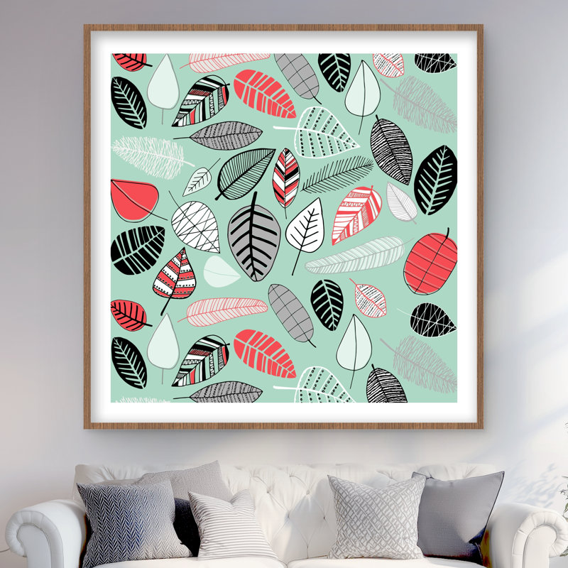 Motif de feuilles turquoise - impression encadrée corail, H 48 po x l 48 po