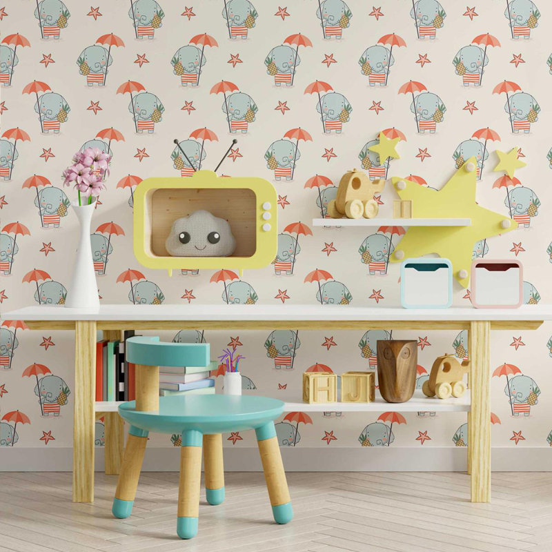 Rouleau de papier peint adhésif 8,5 pi x 24 po Emmeloord Elephants and Umbrella