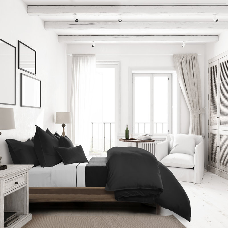 Ensemble de housse de couette 100% satin de coton Everleigh, Housse de couette très grand super + 5 pièces su, Noir
