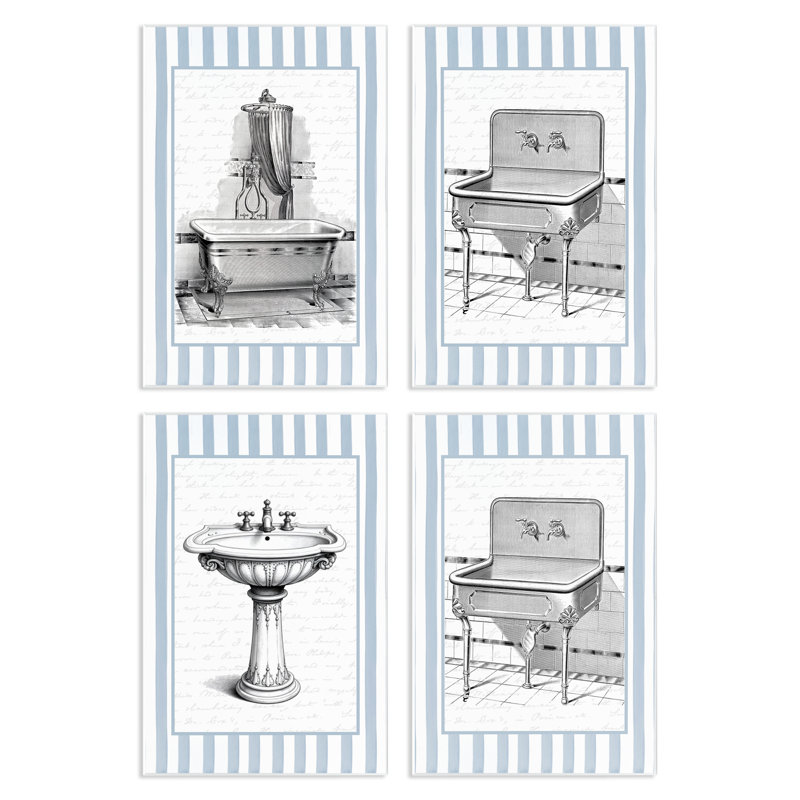 Ensemble de 4 plaques murales antiques à rayures bleues pour salle de bain, design par lettré et doublé, H 15 po x l 10 po