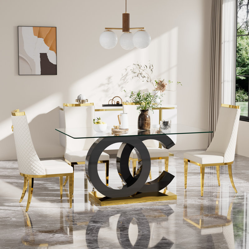 Ensemble de salle à manger à piédestal en verre trempé avec dossier haut, 5, Blanc, Noir / or