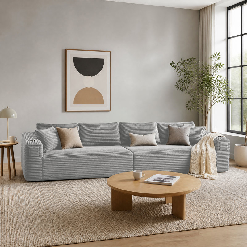 Hornbeck 142" Modern Deep Seat Corduroy Upholstered Sofa Couch with Oversized Cushions, Light Gray