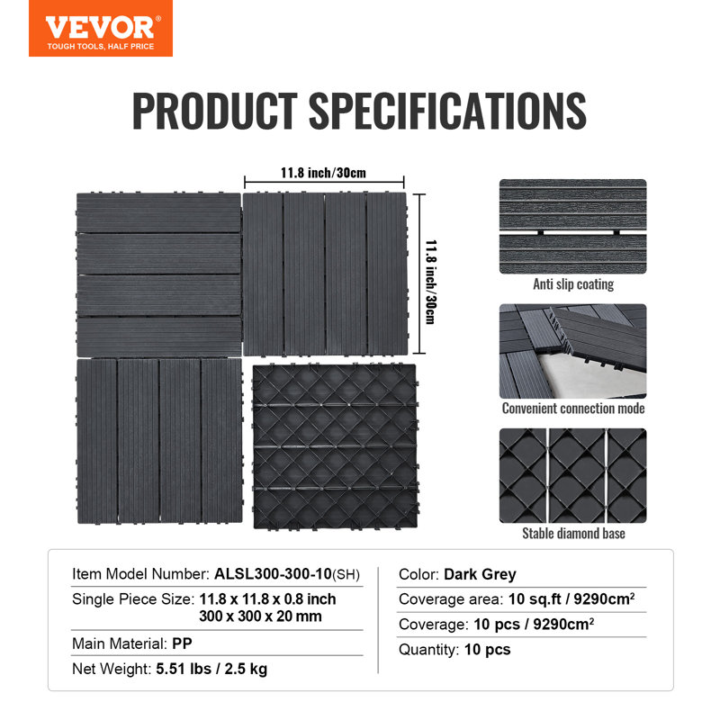 30cm L x 30cm W Plastic Interlocking Deck Tile, Dark Grey