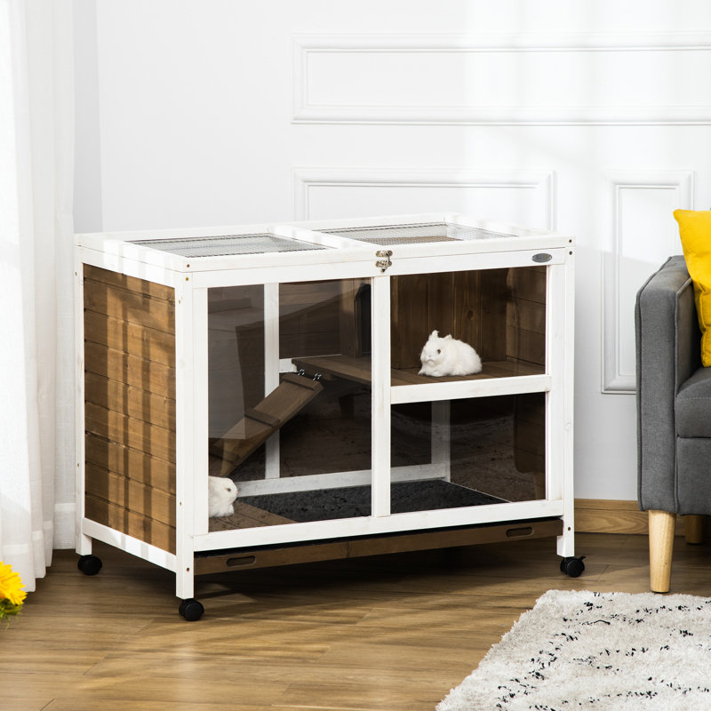 Lapin brun sur roulettes, bureau et table d'appoint, coque imperméable, cage en bois compacte