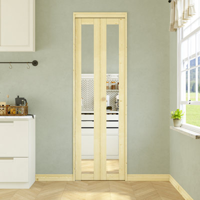 Double Pine Wood Unfinished 1 Lite Mirror Bi-Fold Door With Hardware Kit