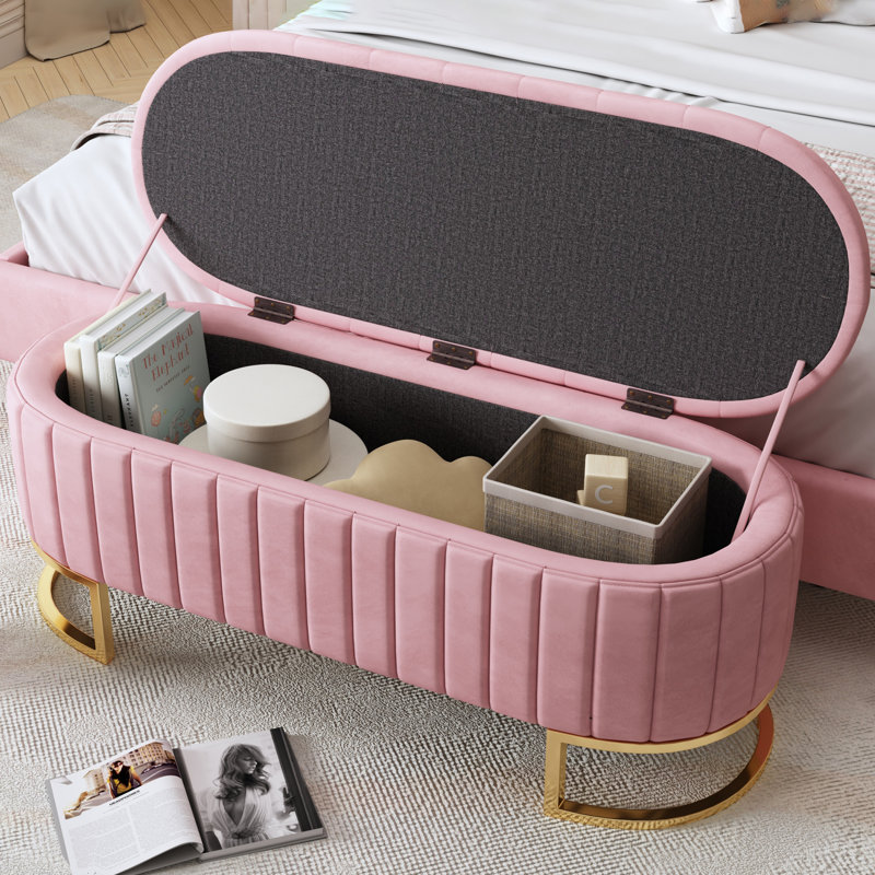 Elegant Velvet Storage Ottoman with Button-Tufted Design, Upholstered Bench with Metal Legs for Bedroom and Living Room, Pink